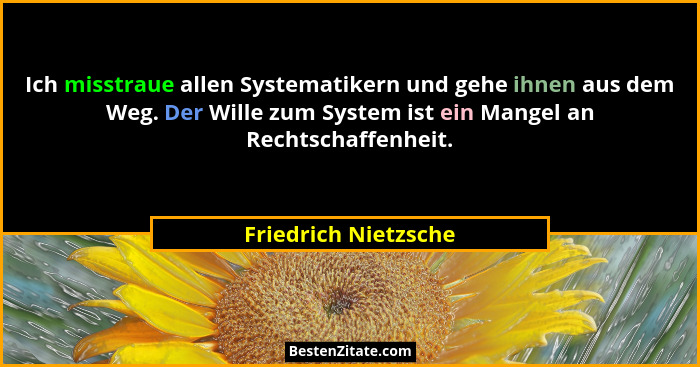 Ich misstraue allen Systematikern und gehe ihnen aus dem Weg. Der Wille zum System ist ein Mangel an Rechtschaffenheit.... - Friedrich Nietzsche