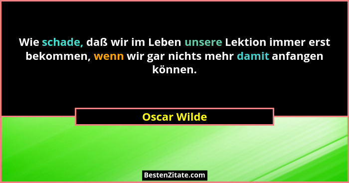 Wie schade, daß wir im Leben unsere Lektion immer erst bekommen, wenn wir gar nichts mehr damit anfangen können.... - Oscar Wilde