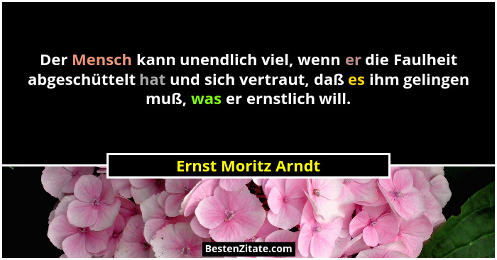 Der Mensch kann unendlich viel, wenn er die Faulheit abgeschüttelt hat und sich vertraut, daß es ihm gelingen muß, was er ernstli... - Ernst Moritz Arndt
