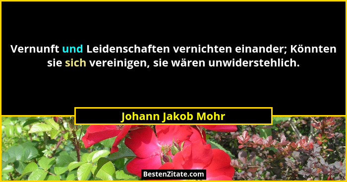 Vernunft und Leidenschaften vernichten einander; Könnten sie sich vereinigen, sie wären unwiderstehlich.... - Johann Jakob Mohr