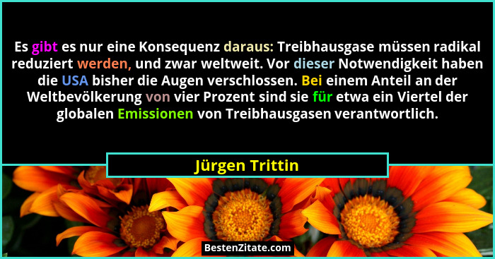 Es gibt es nur eine Konsequenz daraus: Treibhausgase müssen radikal reduziert werden, und zwar weltweit. Vor dieser Notwendigkeit hab... - Jürgen Trittin