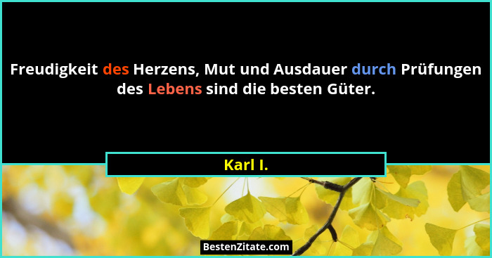 Freudigkeit des Herzens, Mut und Ausdauer durch Prüfungen des Lebens sind die besten Güter.... - Karl I.