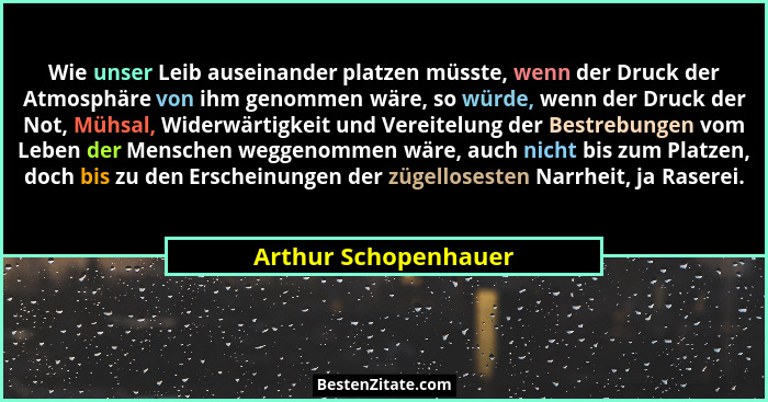 Wie unser Leib auseinander platzen müsste, wenn der Druck der Atmosphäre von ihm genommen wäre, so würde, wenn der Druck der Not... - Arthur Schopenhauer