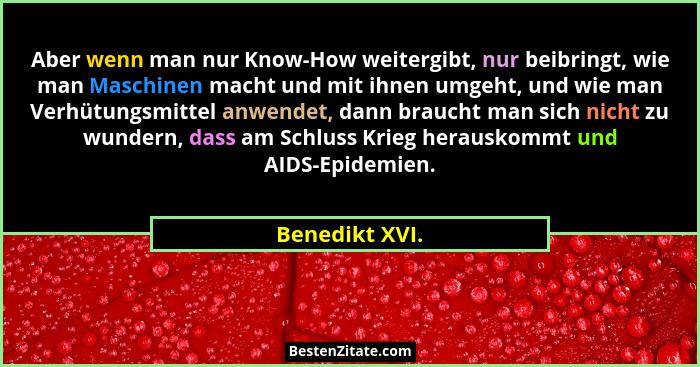 Aber wenn man nur Know-How weitergibt, nur beibringt, wie man Maschinen macht und mit ihnen umgeht, und wie man Verhütungsmittel anwen... - Benedikt XVI.