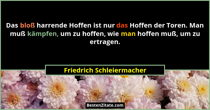 Das bloß harrende Hoffen ist nur das Hoffen der Toren. Man muß kämpfen, um zu hoffen, wie man hoffen muß, um zu ertragen.... - Friedrich Schleiermacher