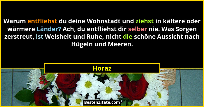 Warum entfliehst du deine Wohnstadt und ziehst in kältere oder wärmere Länder? Ach, du entfliehst dir selber nie. Was Sorgen zerstreut, ist We... - Horaz