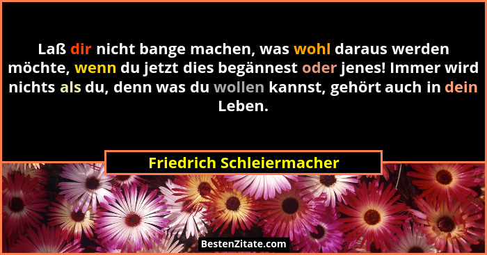 Laß dir nicht bange machen, was wohl daraus werden möchte, wenn du jetzt dies begännest oder jenes! Immer wird nichts als d... - Friedrich Schleiermacher