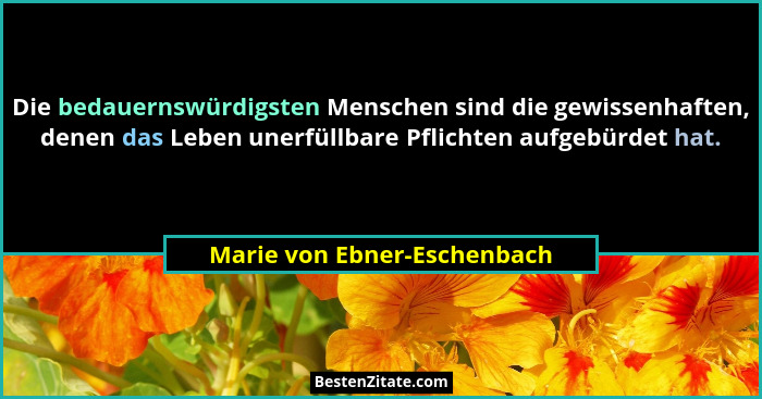 Die bedauernswürdigsten Menschen sind die gewissenhaften, denen das Leben unerfüllbare Pflichten aufgebürdet hat.... - Marie von Ebner-Eschenbach