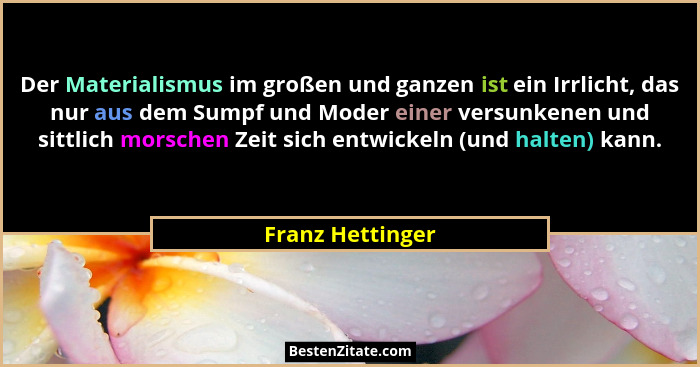 Der Materialismus im großen und ganzen ist ein Irrlicht, das nur aus dem Sumpf und Moder einer versunkenen und sittlich morschen Zei... - Franz Hettinger