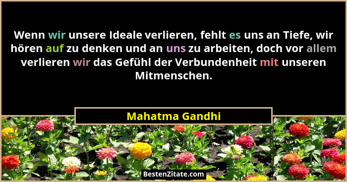 Wenn wir unsere Ideale verlieren, fehlt es uns an Tiefe, wir hören auf zu denken und an uns zu arbeiten, doch vor allem verlieren wir... - Mahatma Gandhi