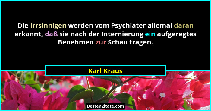 Die Irrsinnigen werden vom Psychiater allemal daran erkannt, daß sie nach der Internierung ein aufgeregtes Benehmen zur Schau tragen.... - Karl Kraus