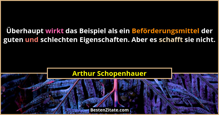 Überhaupt wirkt das Beispiel als ein Beförderungsmittel der guten und schlechten Eigenschaften. Aber es schafft sie nicht.... - Arthur Schopenhauer