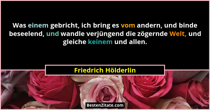 Was einem gebricht, ich bring es vom andern, und binde beseelend, und wandle verjüngend die zögernde Welt, und gleiche keinem un... - Friedrich Hölderlin