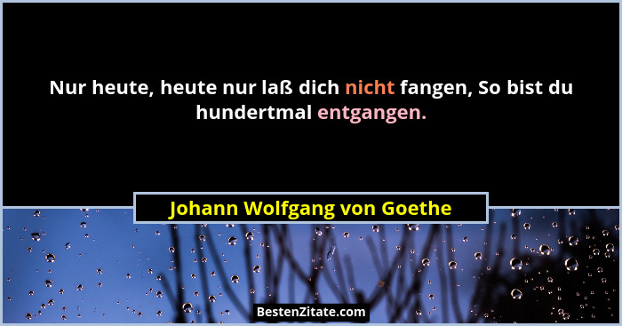 Nur heute, heute nur laß dich nicht fangen, So bist du hundertmal entgangen.... - Johann Wolfgang von Goethe