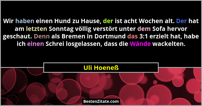 Wir haben einen Hund zu Hause, der ist acht Wochen alt. Der hat am letzten Sonntag völlig verstört unter dem Sofa hervor geschaut. Denn a... - Uli Hoeneß