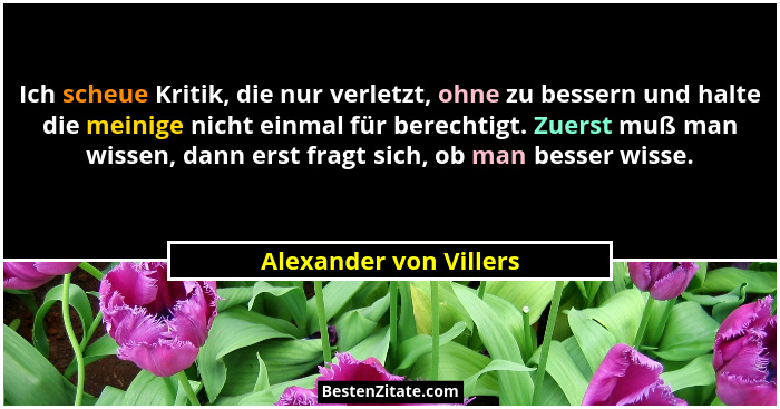 Ich scheue Kritik, die nur verletzt, ohne zu bessern und halte die meinige nicht einmal für berechtigt. Zuerst muß man wissen,... - Alexander von Villers