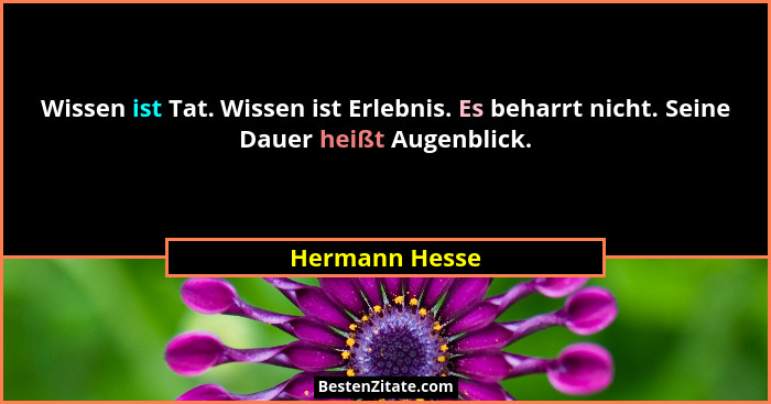 Wissen ist Tat. Wissen ist Erlebnis. Es beharrt nicht. Seine Dauer heißt Augenblick.... - Hermann Hesse