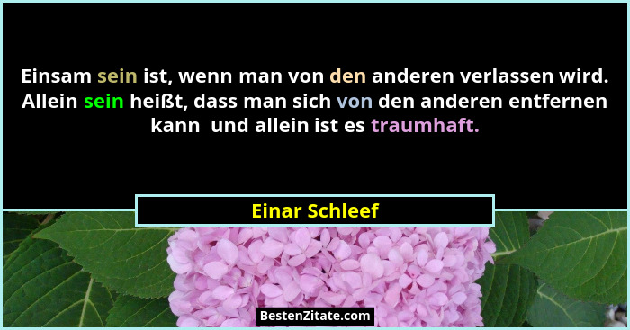 Einsam sein ist, wenn man von den anderen verlassen wird. Allein sein heißt, dass man sich von den anderen entfernen kann  und allein... - Einar Schleef