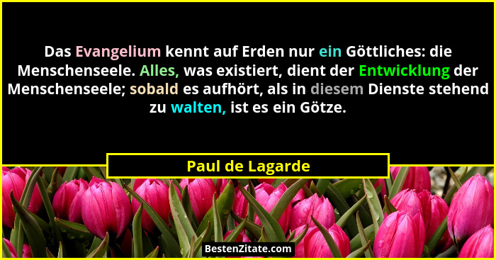 Das Evangelium kennt auf Erden nur ein Göttliches: die Menschenseele. Alles, was existiert, dient der Entwicklung der Menschenseele;... - Paul de Lagarde