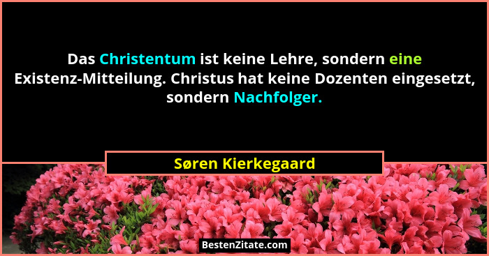 Das Christentum ist keine Lehre, sondern eine Existenz-Mitteilung. Christus hat keine Dozenten eingesetzt, sondern Nachfolger.... - Søren Kierkegaard