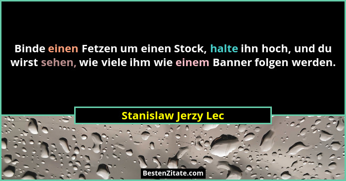 Binde einen Fetzen um einen Stock, halte ihn hoch, und du wirst sehen, wie viele ihm wie einem Banner folgen werden.... - Stanislaw Jerzy Lec