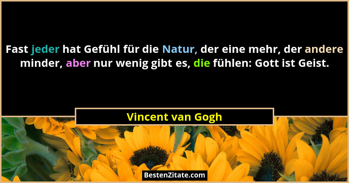 Fast jeder hat Gefühl für die Natur, der eine mehr, der andere minder, aber nur wenig gibt es, die fühlen: Gott ist Geist.... - Vincent van Gogh