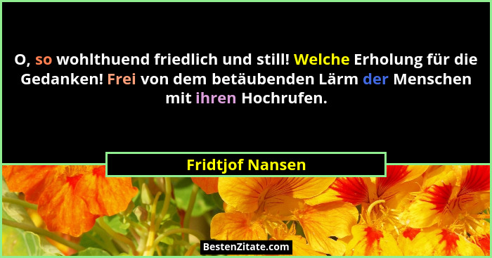 O, so wohlthuend friedlich und still! Welche Erholung für die Gedanken! Frei von dem betäubenden Lärm der Menschen mit ihren Hochruf... - Fridtjof Nansen