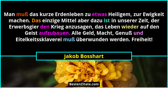 Man muß das kurze Erdenleben zu etwas Heiligem, zur Ewigkeit machen. Das einzige Mittel aber dazu ist in unserer Zeit, der Erwerbsgie... - Jakob Bosshart