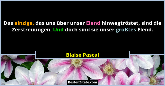 Das einzige, das uns über unser Elend hinwegtröstet, sind die Zerstreuungen. Und doch sind sie unser größtes Elend.... - Blaise Pascal