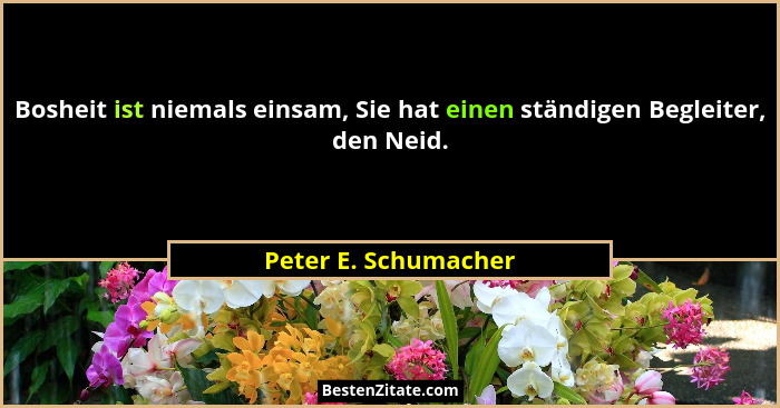 Bosheit ist niemals einsam, Sie hat einen ständigen Begleiter, den Neid.... - Peter E. Schumacher