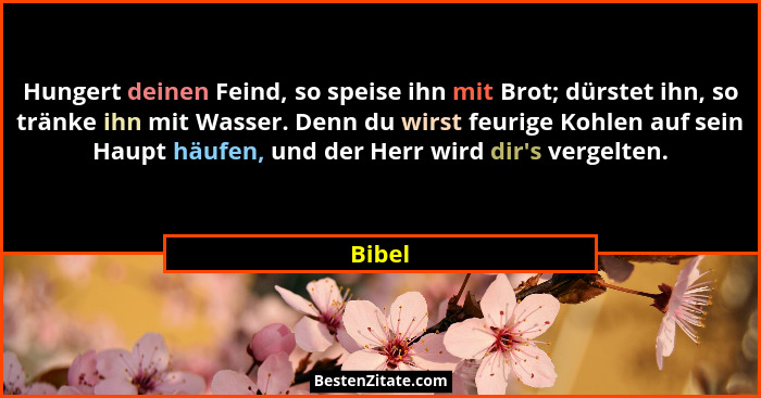 Hungert deinen Feind, so speise ihn mit Brot; dürstet ihn, so tränke ihn mit Wasser. Denn du wirst feurige Kohlen auf sein Haupt häufen, und d... - Bibel