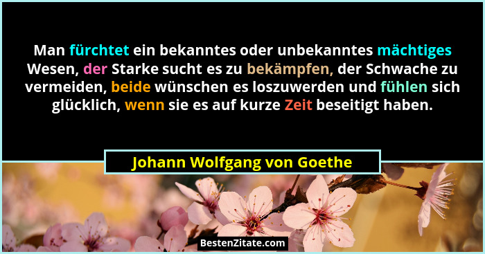 Man fürchtet ein bekanntes oder unbekanntes mächtiges Wesen, der Starke sucht es zu bekämpfen, der Schwache zu vermeiden,... - Johann Wolfgang von Goethe