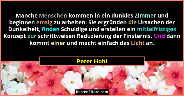 Manche Menschen kommen in ein dunkles Zimmer und beginnen emsig zu arbeiten. Sie ergründen die Ursachen der Dunkelheit, finden Schuldige... - Peter Hohl