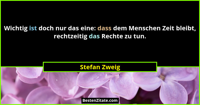 Wichtig ist doch nur das eine: dass dem Menschen Zeit bleibt, rechtzeitig das Rechte zu tun.... - Stefan Zweig