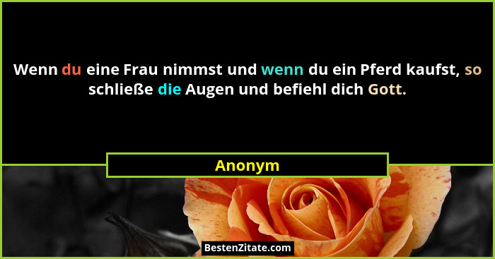 Wenn du eine Frau nimmst und wenn du ein Pferd kaufst, so schließe die Augen und befiehl dich Gott.... - Anonym