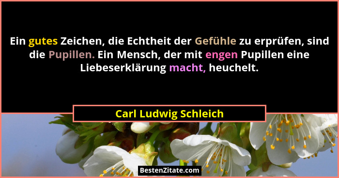 Ein gutes Zeichen, die Echtheit der Gefühle zu erprüfen, sind die Pupillen. Ein Mensch, der mit engen Pupillen eine Liebeserklä... - Carl Ludwig Schleich
