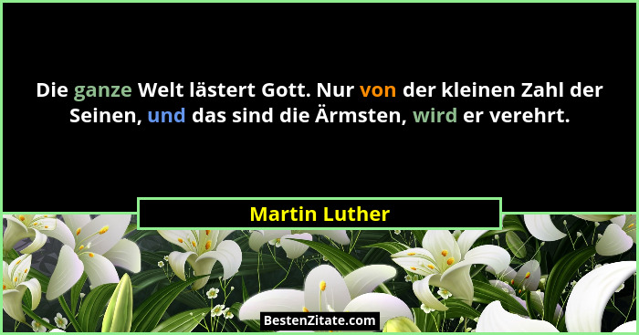 Die ganze Welt lästert Gott. Nur von der kleinen Zahl der Seinen, und das sind die Ärmsten, wird er verehrt.... - Martin Luther