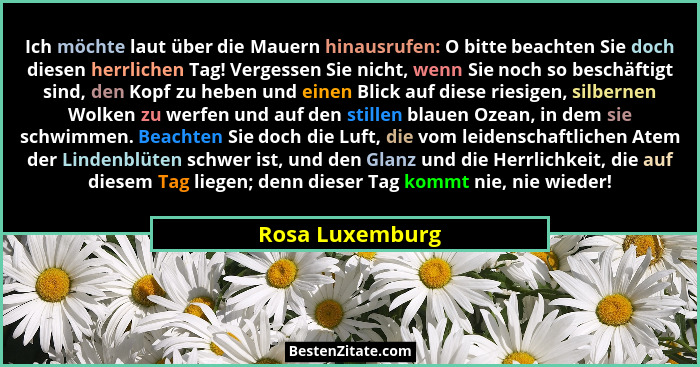 Ich möchte laut über die Mauern hinausrufen: O bitte beachten Sie doch diesen herrlichen Tag! Vergessen Sie nicht, wenn Sie noch so b... - Rosa Luxemburg