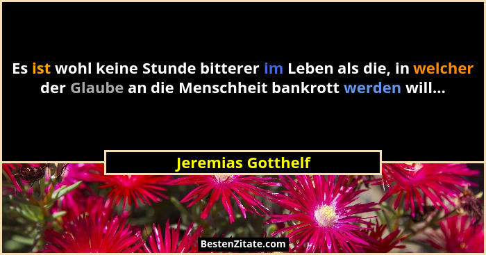 Es ist wohl keine Stunde bitterer im Leben als die, in welcher der Glaube an die Menschheit bankrott werden will...... - Jeremias Gotthelf