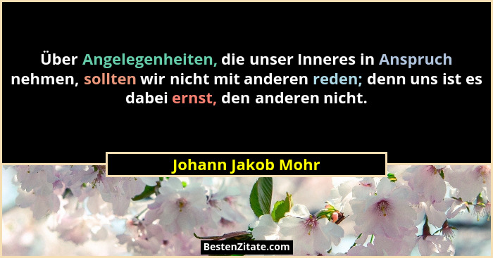 Über Angelegenheiten, die unser Inneres in Anspruch nehmen, sollten wir nicht mit anderen reden; denn uns ist es dabei ernst, den... - Johann Jakob Mohr