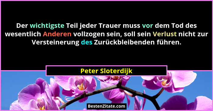 Der wichtigste Teil jeder Trauer muss vor dem Tod des wesentlich Anderen vollzogen sein, soll sein Verlust nicht zur Versteinerung... - Peter Sloterdijk