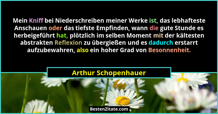 Mein Kniff bei Niederschreiben meiner Werke ist, das lebhafteste Anschauen oder das tiefste Empfinden, wann die gute Stunde es h... - Arthur Schopenhauer