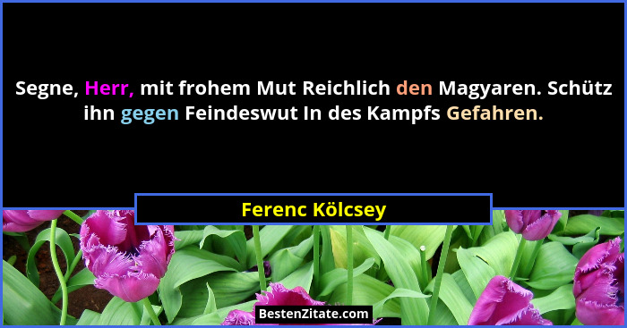 Segne, Herr, mit frohem Mut Reichlich den Magyaren. Schütz ihn gegen Feindeswut In des Kampfs Gefahren.... - Ferenc Kölcsey