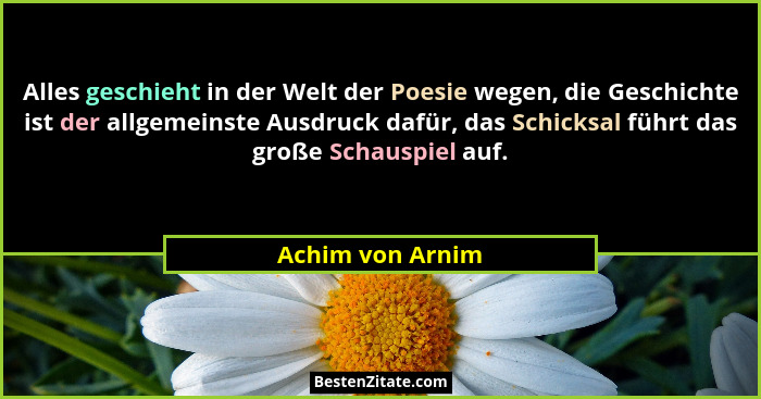 Alles geschieht in der Welt der Poesie wegen, die Geschichte ist der allgemeinste Ausdruck dafür, das Schicksal führt das große Scha... - Achim von Arnim