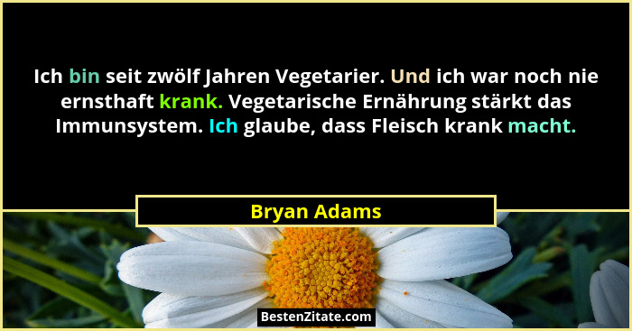 Ich bin seit zwölf Jahren Vegetarier. Und ich war noch nie ernsthaft krank. Vegetarische Ernährung stärkt das Immunsystem. Ich glaube, d... - Bryan Adams