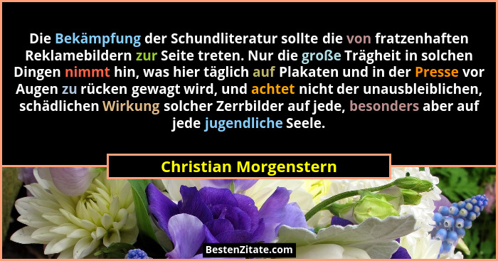 Die Bekämpfung der Schundliteratur sollte die von fratzenhaften Reklamebildern zur Seite treten. Nur die große Trägheit in sol... - Christian Morgenstern