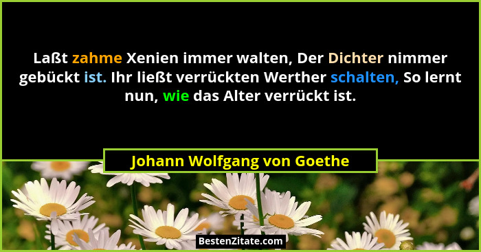 Laßt zahme Xenien immer walten, Der Dichter nimmer gebückt ist. Ihr ließt verrückten Werther schalten, So lernt nun, wie... - Johann Wolfgang von Goethe