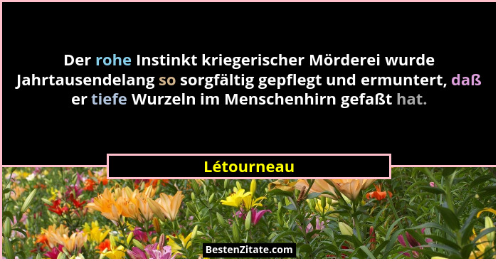 Der rohe Instinkt kriegerischer Mörderei wurde Jahrtausendelang so sorgfältig gepflegt und ermuntert, daß er tiefe Wurzeln im Menschenhir... - Létourneau