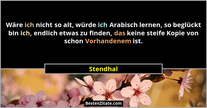 Wäre ich nicht so alt, würde ich Arabisch lernen, so beglückt bin ich, endlich etwas zu finden, das keine steife Kopie von schon Vorhandene... - Stendhal