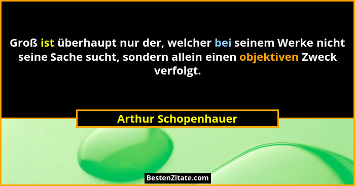 Groß ist überhaupt nur der, welcher bei seinem Werke nicht seine Sache sucht, sondern allein einen objektiven Zweck verfolgt.... - Arthur Schopenhauer